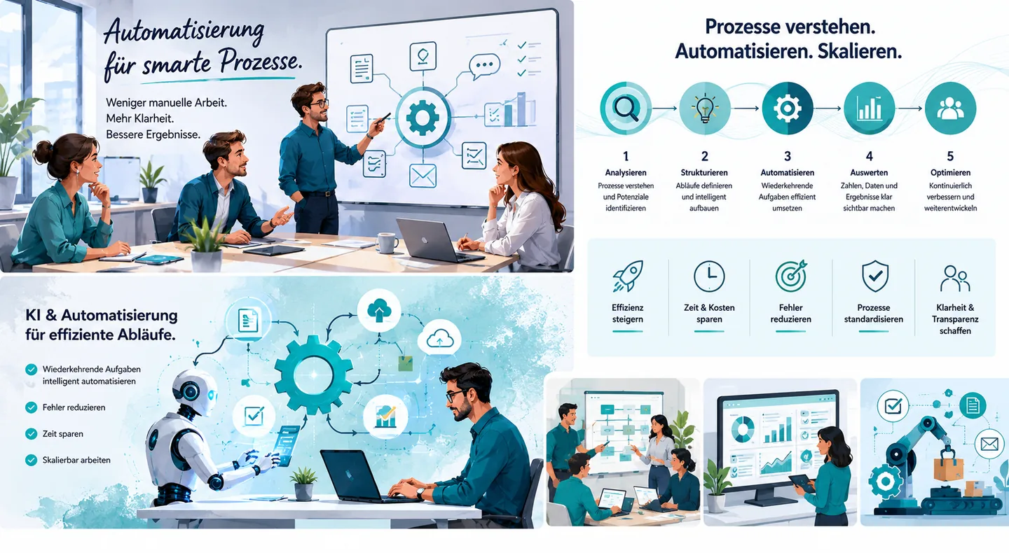 Business-Collage mit Prozessboard, Automatisierungslogik, Auswertung und Review-Gate für kontrollierte KI-Prozesse.