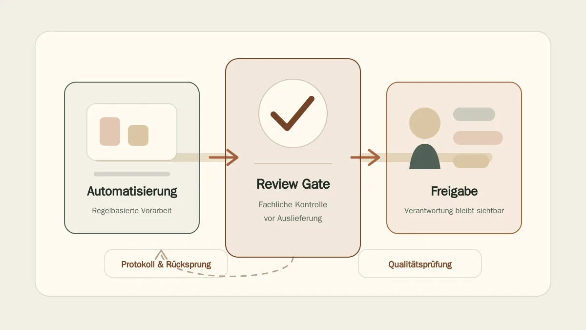 Review-Gate-Grafik mit Kontrolle, Freigabe, Rücksprung und verantwortlicher Übergabe in einem KI-gestützten Prozess.